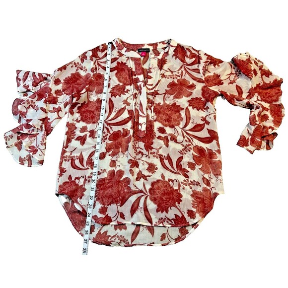 Vince Camuto Women's Blouse Small Sheer Ivory Tunic 3/4 Bell Sleeves Red Flowers - Picture 3 of 6
